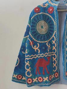 <b>Women</b> Sky Blue Velvet Floral <b>Embroidered</b> Suzani <b>Jacket</b> With Camel Pattern Full Sleeve Stand Collar Bohemian Autumn Outerwear - Product Image 4