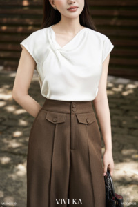 Women's Feminine White Silk Asymmetrical Collar Cap Sleeve <b>Blouse</b> Casual Short Summer Satin Breathable Soft Comfortable SOEN - Product Image 3