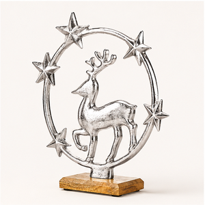 Handmade Modern Metal Reindeer Sculpture With Star Halo Premium Aluminum Christmas Tabletop <b>Decoration</b> on Mango Wood Base - Product Image 3