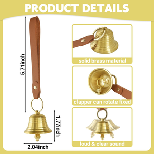 Campana Colgante de Latón con Correa de Cuero, Chapada en Oro, Campana de Puerta Tradicional para Decoración del Hogar - Product Image 3