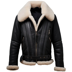 <b>Men's</b> Black Sheepskin Leather <b>Jacket</b>-Winter Warm Sherpa <b>Shearling</b> Faux Fur Lined Hooded Waterproof Customized Leather Front - Product Image 1