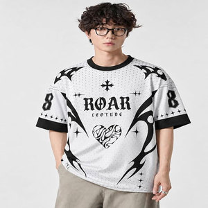เสื้อยืดสตรีทแวร์ผู้ชายสีขาวทรงปกติ แต่งขอบสีดำ พิมพ์ลายตัวอักษร Roar ผ้าฝ้าย 100% ป้องกันการหดตัว แห้งเร็ว แขนสั้น - Product Image 1