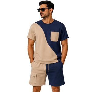 <b>Navy</b> Blue And Beige Mens T Shirt Shorts Set Crew Neck Short Sleeve Pocket <b>Top</b> Cargo Drawstring Shorts Casual Sportswear Summer - Product Image 1