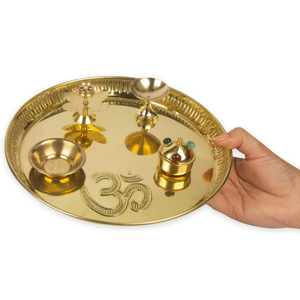 Ensemble de thali en laiton plaqué or artisanal traditionnel pour le temple familial, le mandir, Diwali et les mariages au prix le plus bas - Product Image 4