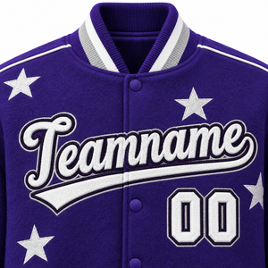 Veste universitaire unisexe d'hiver violette avec col montant, étoiles blanches et broderie de lettres, manteau streetwear à bouton unique - Product Image 4