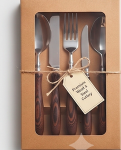 Juego de cubiertos clásicos con mango de madera y cabezales de acero inoxidable con acabado de alto brillo para uso en bodas, cenas y hoteles. - Product Image 4