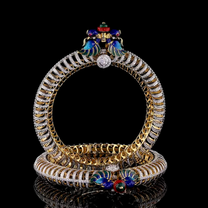 Luxury Gold Peacock <b>Bangle</b> <b>Set</b> Lab Grown Diamond Meenakari(Enamel) IGI Certified Rhodium Bridal Designer Women 14KT Ethnic - Product Image 1