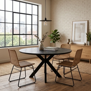 Table à manger ronde en teck massif, base en forme de croix noire mate, mobilier de cuisine moderne minimaliste, table de petit-déjeuner circulaire - Product Image 3