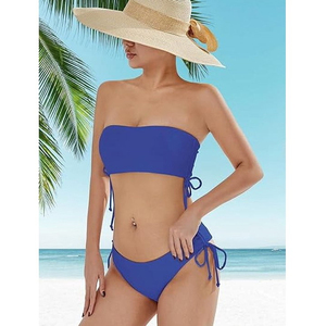 Women's Blue Bandeau <b>Bikini</b> <b>Set</b> Side Tie <b>String</b> Two Piece High Waisted Swimwear Solid Color Stretch Fabric Front Regular Fit - Product Image 6