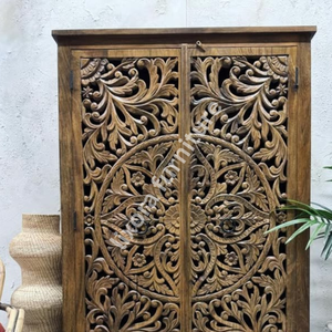Luxury Handcrafted Solid Wood 2 Door <b>Wardrobe</b> Ornate Leaf Mandala Carving Natural Walnut Armoire - Product Image 5