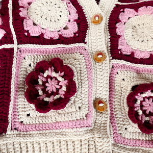 Handmade Crochet <b>Cardigan</b> Women Granny Square Knitted V Neck Sweater Maroon Pink <b>Button</b> Coat Pure Art Setup Handcrafted Knitwear - Product Image 4