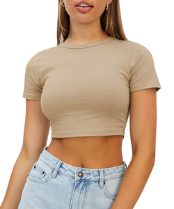 INDEX APPAREL Women's <b>Red</b> <b>Crop</b> <b>Top</b> T-Shirt Crew Neck Short Sleeve Slim Fit Solid Color Casual Spring Summer Wear - Product Image 2