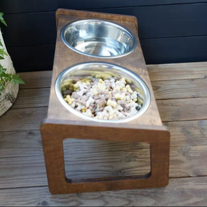 Mangeoire pour animaux de compagnie en bois de manguier au design traditionnel avec bols, prix abordable et taille personnalisée - Product Image 1