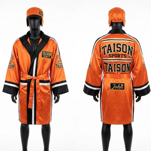 Premium Satin Polyester 190 GSM Boxing Robe Yellow Black Contrast Panel Hooded Custom Embroidery Logo - Product Image 5