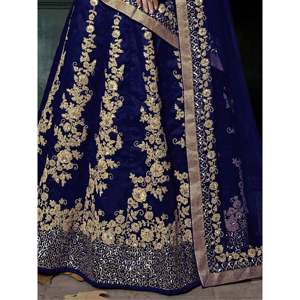 Navy Blue Pearl & Lace Applique Silk <b>Wedding</b> Lehenga Choli for Bride - Product Image 2