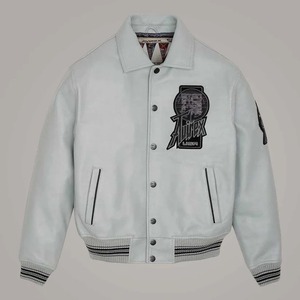 Avirex Twin Dragon Grey <b>Sheepskin</b> Leather Varsity Bomber <b>Jacket</b> Limited Edition - Product Image 1