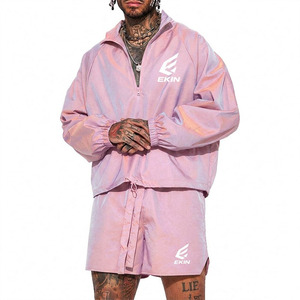 <b>Men's</b> Iridescent Pink Shiny 2 Piece Nylon Lightweight <b>Summer</b> Windbreaker <b>Jacket</b> Shorts Set EKIN Logo Metallic Reflective - Product Image 1