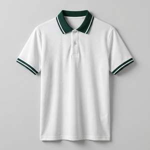 Camisa de Manga Corta de Punto Piqué Blanca Sólida para Hombre con Logotipo Personalizado, Cuello y Puños en Contraste Verde, Ligera, Transpirable y de Alta Calidad - Product Image 1
