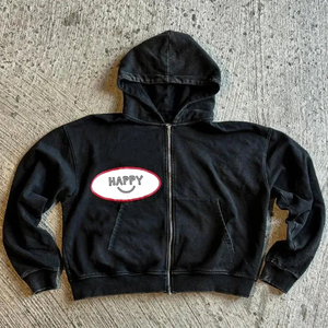 Unisex Black Zip-Up <b>Hoodie</b> With <b>Happy</b> Smiley Print Front Pocket Casual Wear Fleece Sweatshirt Autumn Wear Stylish <b>Hoodie</b> - Product Image 3