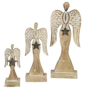 热销木制雕刻天使套装3件高标准质量圣诞装饰产品低价印度供应商