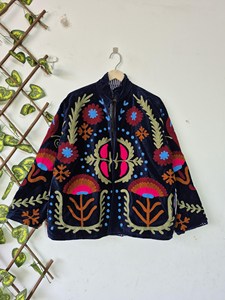 Luxury Navy Blue <b>Velvet</b> Suzani Embroidered <b>Jacket</b> With Floral Pattern Full Sleeve Stand Collar Bohemian <b>Women's</b> Autumn Coat - Product Image 2