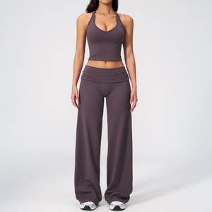 Women's Burgundy 2 Piece <b>Yoga</b> Set V Neck Spaghetti Strap Crop Top High Waist <b>Flared</b> <b>Leggings</b> Seamless - Product Image 3