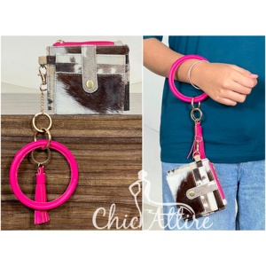 New Personalized Mini Cowhide Genuine Leather Coin <b>Purse</b> With <b>Pink</b> Bangle & Wristlet ATM Slim Card Holder Luxury Ladies Wallet - Product Image 1