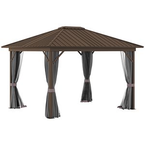 Gazebo Elegante con Tetto Rigido in Metallo 3,6x3m, Struttura in Legno, Tende e Zanzariere, Padiglione Permanente - Product Image 1