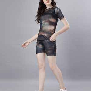 Ensemble de shorts 2 pièces pour femmes, t-shirt gris avec imprimé lapin de dessin animé, shorts à motifs roses, vêtements décontractés d'été, coton tricoté - Product Image 2