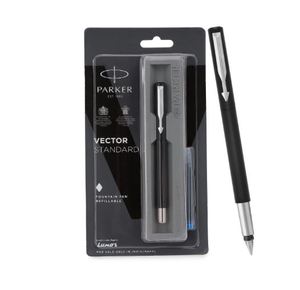 Parker Vector Standard Fountain <b>Pen</b> with 1 Ink Cartridge Ink Color Blue Black Body with Chrome Trim <b>Refillable</b> Fine Nib <b>Pen</b> - Product Image 1