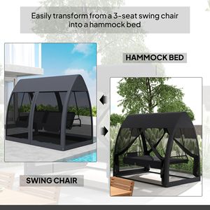 Fauteuil balançoire d'extérieur moderne 3 places convertible en lit de jour avec support en acier, auvent de véranda et moustiquaire pour jardin et terrasse - Gris - Product Image 4