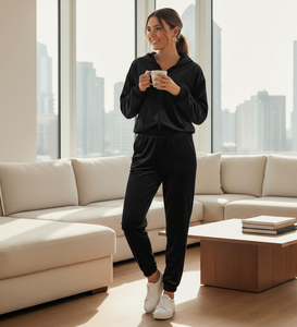 Conjunto de Ropa Deportiva para Mujer Otoño 2025, Chándal Casual de Terciopelo con Top Corto de Manga Larga con Cierre y Pantalones Acampanados a Rayas - Product Image 3