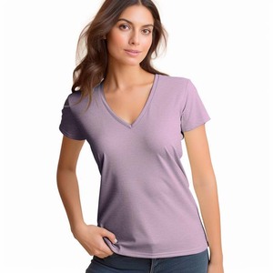 OEM <b>V</b>-<b>Neck</b> <b>T</b>-<b>Shirt</b> Solid Purple 100% Cotton Regular Fit Casual Style All Seasons Breathable Jersey Knitted Short Sleeve - Product Image 4