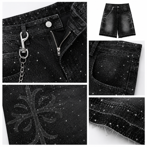 Nouveaux shorts en jean pour hommes à strass, style Y2K streetwear, baggy, hip-hop, imprimé croisé, noirs, avec chaîne amovible - Product Image 4