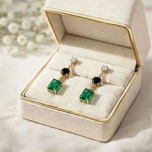 Elegant Emerald Rectangle Black Obsidian <b>Earrings</b> CZ Accent Gemstone Drop <b>Stud</b> Dangle Minimalist Fine Jewelry Gift For Women - Product Image 5