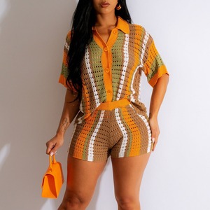 Ensemble 2 pièces tricoté rayé pour femme, col rabattu, manches courtes, coupe ample, respirant, printemps-été, tenue décontractée - Product Image 4