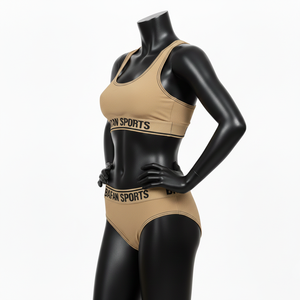 Conjunto de Bikini Premium para Mujer en Poliéster y Spandex GSM, Diseño Beige con Tirantes Cruzados y Paneles, Logotipo Personalizado por Transferencia Térmica - Product Image 4