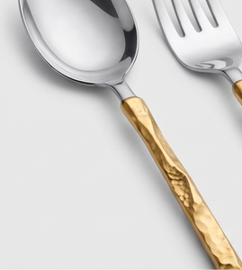 Ensemble de couverts élégants en acier inoxydable bicolore doré à facettes avec manche martelé, idéal pour les banquets, les fêtes et l'utilisation en cuisine - Product Image 2