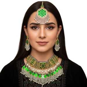 Afghan Tribal Kuchi Jewelry <b>Set</b> For Women Featuring Large Reflective Crystals In Choker Necklace And Long Dangling - Product Image 1