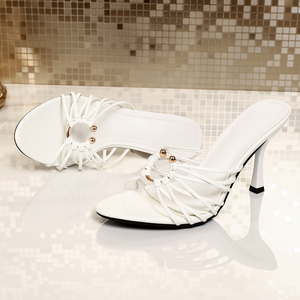 Elegant <b>White</b> Strappy Stiletto Slides for Party & Wedding Gold Ring Detail High <b>Heel</b> Mules - Product Image 5