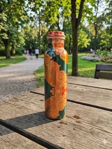Botella de Agua de Cobre con Tapa, Diseño de Grulla Oriental, Juego de Bebidas Portátil para Viaje, Patrón Azul y Dorado - Product Image 3