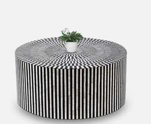 Mesa de Centro Redonda de Nácar con Diseño Floral en Blanco y Negro, Hecha a Mano, Decoración de Lujo para Sala de Estar - Product Image 2