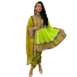 Service OEM : Ensembles 3 pièces (Robes et Pantalons) de mariée vintage afghanes, longueur ras du sol, coupe trapèze, avec dentelle, broderie, boutons à pampilles et motifs pièces anciennes - Product Image 1