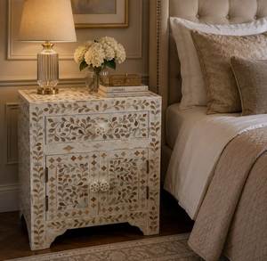 Premium Decorative Bone Inlay <b>Bedside</b> <b>Table</b> Handcrafted Wooden Furniture With Elegant Bedroom Styling - Product Image 1