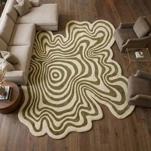 Tapis en laine vert ivoire bio moderne |   Tapis d'appoint tufté à la main de forme irrégulière |   Tapis de qualité supérieure pour la décoration du salon et de la chambre - Product Image 6