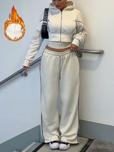 Conjunto de sudadera con capucha de 2 piezas para mujer, sudadera corta y pantalones de manga larga, chándal informal de otoño e invierno, ropa deportiva - Product Image 4