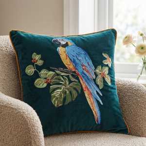 Embroidered Parrot Velvet <b>Pillow</b> Cover – Tropical Decor, 18x18 - Product Image 1