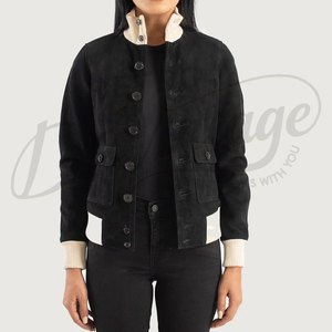Women Black Genuine Suede <b>Leather</b> <b>Jacket</b> High Neck Button Up Slim Fit Casual Winter Bomber Coat Ribbed Knit Trim Outerwear - Product Image 6