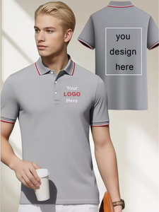 Men's Gray Cotton Polo Shirt Short Sleeve Embroidered Logo Front Solid Color Casual Knitted Breathable Regular Fit - Product Image 1