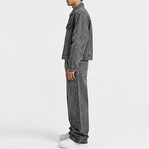 Ensemble de jeans brodés pour homme, style décontracté d'hiver, veste et pantalon au design personnalisé, mode urbaine élégante, 100% coton - Product Image 3